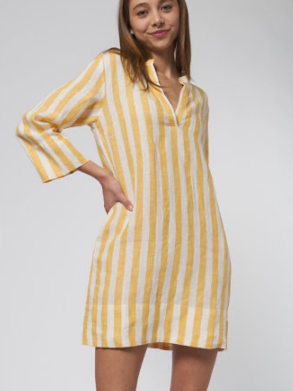 Trovata Lucca 100% Linen Shirtdress In Yellow Stripe